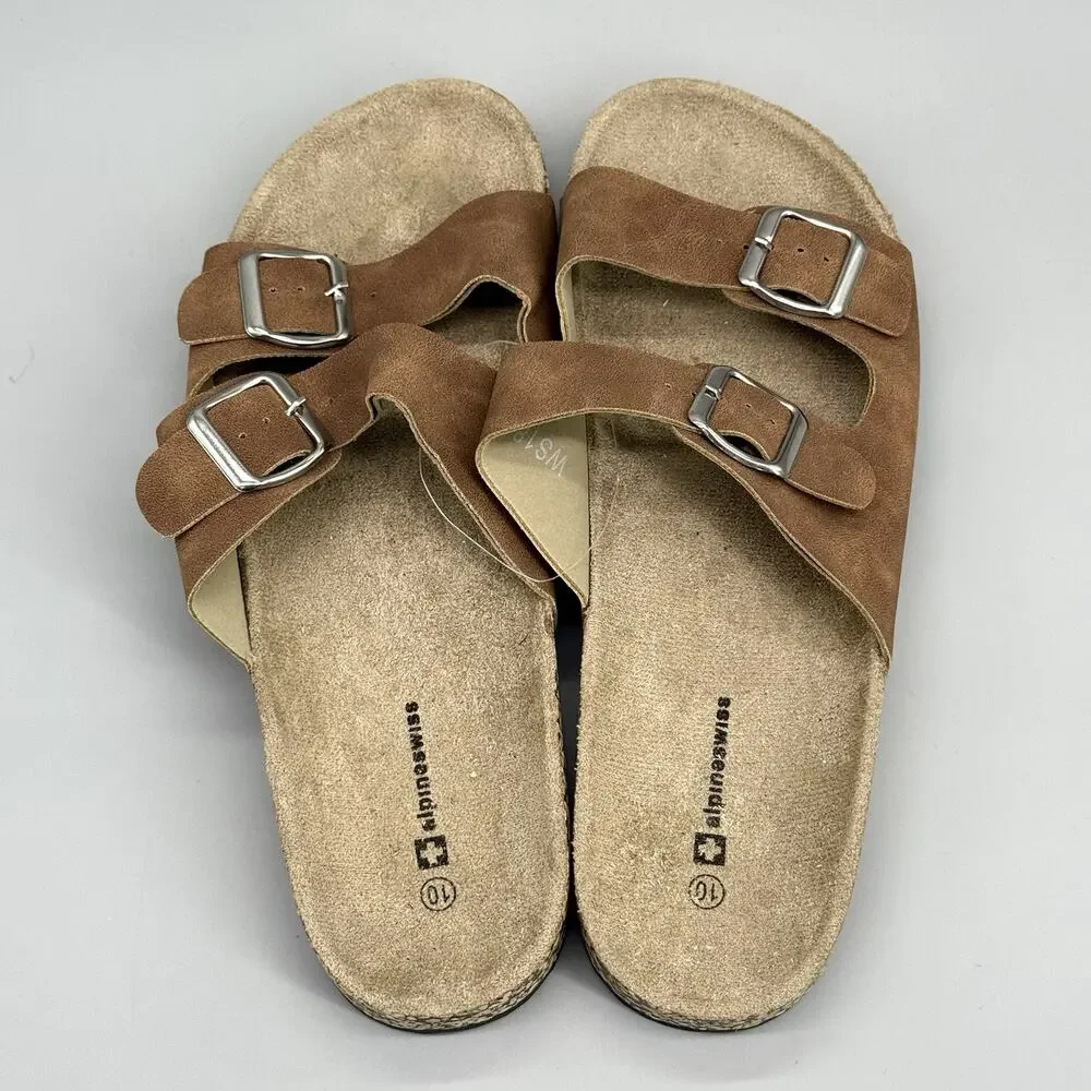 Alpine Swiss Mens Brown Double Strap Cork Sandals Slides Size 10